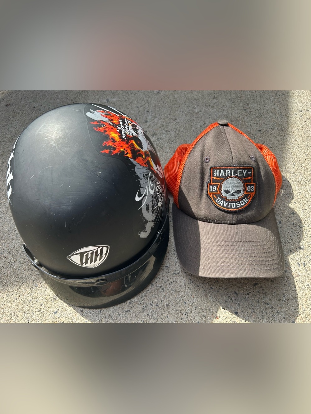 Harley-Davidson Black and Orange Skull Patch Trucker Cap and Medium Helmet